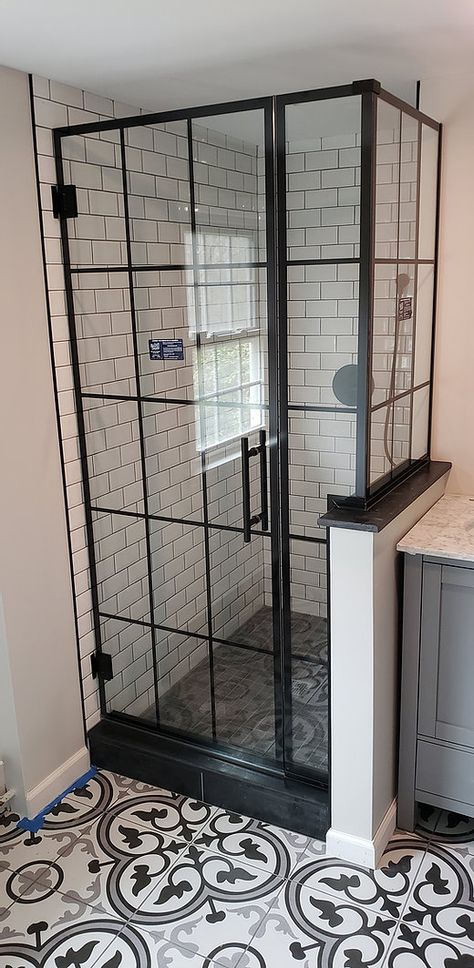 Small Alcove Shower Ideas, Black Grid Shower Door, Black Framed Shower Door, Workshop Bathroom, Grid Shower Door, Shower Door Black, Black Shower Door, Door Hardware Black, Black Sliding Door