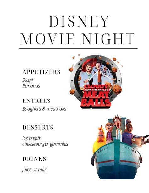 Movie Night And Dinner, Movie Themed Meals, Family Movie Night Menu Dinners, Disney Movie Food Ideas, Disney Movie Themed Dinner Ideas, Elemental Movie Night, Family Movie Dinner Ideas, Disney Movie Night Dinner Recipes, Shrek Themed Dinner Ideas