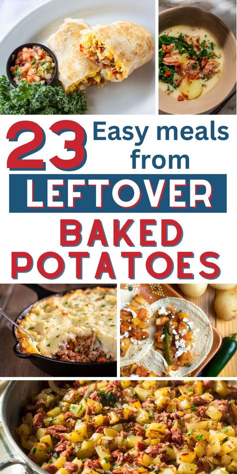 These leftover baked potato recipes are perfect for breakfast or dinners. 23 easy & healthy leftover baked potato recipes ideas are quick and cheap since you already have baked potatoes left over. You can make these dinners in the air fryer or crockpot, and can even prepare them vegan and dairy free. Try these leftover baked potato recipes healthy, and enjoy breakfast, soup, mashed potatoes, au gratin, potato tacos, home fries, and so much more. The best leftover baked potato recipes breakfast! Leftover Baked Potato Recipes, Leftover Potatoes Recipes, Leftover Baked Potato, Casseroles Breakfast, Small Potatoes Recipe, Steak And Baked Potato, Potato Recipes Crockpot, Leftover Baked Potatoes, Quick Cheap Meals