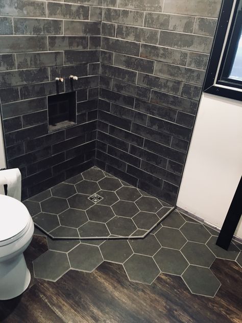 Hexagon Tile To Wood Transition, Bathroom Hexagon Tile Floor, Octagon Tile Bathroom, Octagon Tile Floor, White Hexagon Tile Bathroom, Hexagon Floor Tile, Tile To Wood Transition, Hexagon Tile Bathroom, Tiling Ideas