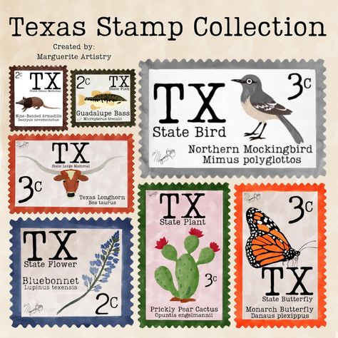 So excited to share my first state stamp collection! I started with Texas since it’s my home state. All stamps will be available in my Redbubble 🛍️ at the 🔗 in my bio early this week! #digitalart #digitalpainting #digitalillustration #digitalwatercolor #stamps #postagestamps #texas #armadillo #pricklypear #mockingbird #bluebonnets #fish #longhorn #monarch #monarchbutterfly #butterfly #flower #stampcollection #procreate #procreateart #procreateartist #redbubble #redbubbleartist #femaleartist ... Texas Stamp, Texas Armadillo, Mocking Birds, State Symbols, State Birds, Stamp Collection, Butterfly Flower, Prickly Pear, Digital Watercolor