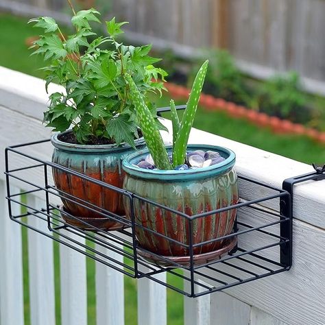 Amazon.com : Adjustable Flower Pot Rack Holder Plant Stand - Expands 14"-27" to accomodate Multiple flowerpots, Hanger Hooks fit Almost Any Balcony, Fence or Deck Railing up to 6" Wide - Steel Black : Patio, Lawn & Garden Steel Plant Stand, Garden Decorations Ideas, Hanging Plant Stand, Balcony Fence, Small Balcony Garden, Window Box Flowers, Modern Plant Stand, Plant Tray, Small Balcony Design