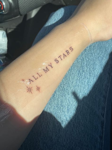 Star Word Tattoo, Reach For The Stars Tattoo, To The Stars Tattoo, Arm Quote Tattoos, Sparkle Tattoo, Stars Tattoo, Talking To The Moon, Forarm Tattoos, Handpoke Tattoo