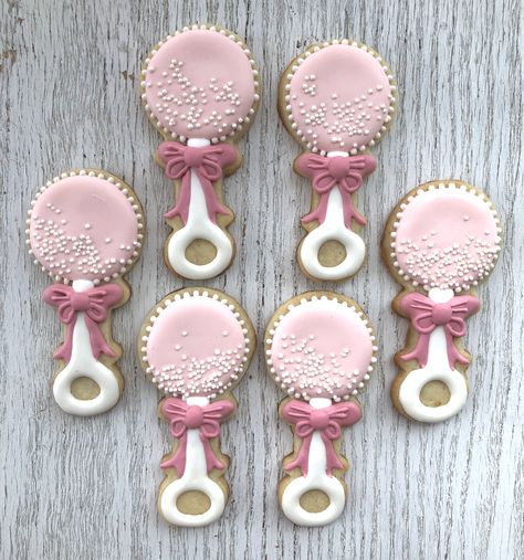 Baby Rattle Sugar Cookies, Baby Rattle Cookies Decorated, Rattle Cookies Decorated, Baby Rattle Cookies, Rattle Cookies, Easter Sugar Cookies Decorated, Nurse Cookies, Pink Baby Shower Decorations, Cookie Decorating Icing