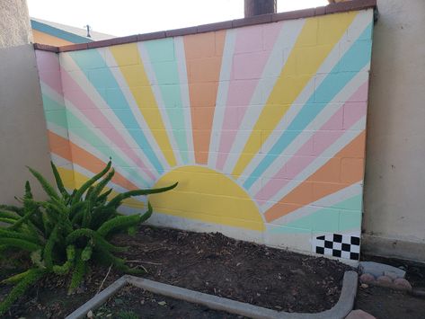 Colorful wall mural of a sunrise made by HeatherNorrisArt.com Outdoor Wall Mural, Outdoor Mural Ideas, Outdoor Wall Paint, Mural Outdoor, Backyard Mural, Art Language, Outdoor Mural, Painted Mural, Cinder Block Walls