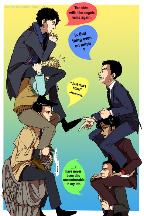 this is getting silly by ryounkura on DeviantArt Mrs Hudson, Sherlock Fandom, Fandom Crossover, Supernatural Funny, E Mc2, Good Omens, Supernatural Fandom, Johnlock, Martin Freeman