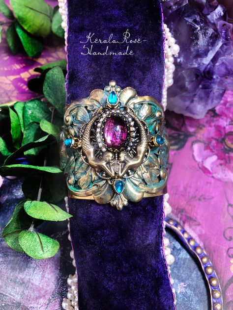 Gemini Mermaid Twins Brass Floral Cuff Bracelet, Fantasy Purple & Green with Flower Details, Gothic, Renaissance, Medieval Jewelry Gemini Mermaid, Twin Mermaids, Fantasy Purple, Gothic Bracelet, Floral Cuff, Brass Cuff Bracelet, Green Patina, Brass Cuff, Medieval Jewelry