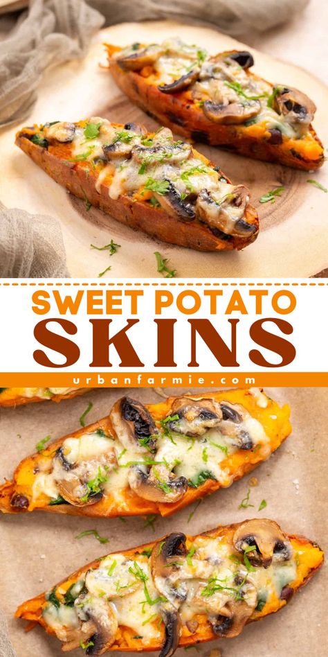 These Sweet Potato Skins are a quick and easy appetizer recipe with a perfect mix of creamy, cheesy, and savory flavors topped with fresh parsley. Add this healthy recipe to your summer appetizers for a party! Sweet Potatoe Skins, Vegan Finger Foods For Party, Sweet Potato Skins Recipe, Potato Skins Appetizer, Appetizers For A Party, Summer Appetizers, Vegetarian Appetizer, Sweet Potato Skins, Healthy Appetizer