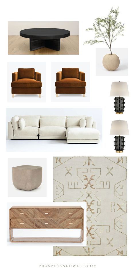 Modern Classic Great Room, Mixed Texture Living Room, Modern Boho Couch, Classic House Design Interior Living Rooms, Modern Neutral Interior, Rust Interior Design, Classic Modern Home Decor, Rust Accents Living Room, Organic Modern With Color