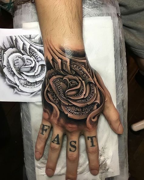 Hand Tattoo For Men 100 Dollar Rose Tattoo Design, Money Rose Hand Tattoo Men, Tattoo Designs Hand Men, လက်ခုံ Tattoo, Hand Tattoo Cover Up Ideas For Men, Money Rose Tattoo For Men, Hand Rose Tattoo Men, Money Rose Hand Tattoo, Hundred Dollar Bill Rose Tattoo