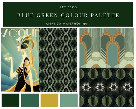 Art Deco inspired blue green colour palette, including two of my own pattern designs. #artdeco #amandamcmahon #colourpalette #bluegreencolourpalette Art Deco Colour Palette Interiors, Art Deco Colors 1920s, Art Deco Color Pallete, Art Deco Pallete Color, Great Gatsby Colour Palette, Art Deco Color Palette Colour Schemes, The Great Gatsby Color Palette, 1920s Color Palette Art Deco, Teal Art Deco