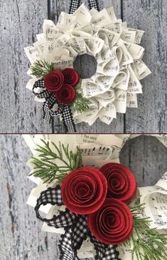 Sheet Music Wreath, Music Wreath, Sheet Music Crafts, Christmas Sheet Music, Book Page Crafts, Music Crafts, Wreaths Ideas, Paper Wreath, Wreaths Diy