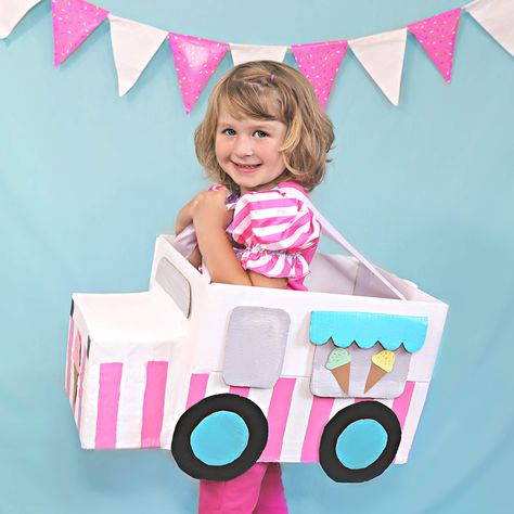 Diy Ice Cream Truck Cardboard Boxes, Ice Cream Truck Cardboard, Diy Ice Cream Truck, Ice Cream Costume, Ice Cream Car, Cardboard Box Car, Cardboard Car, Truck Diy, Box Costumes