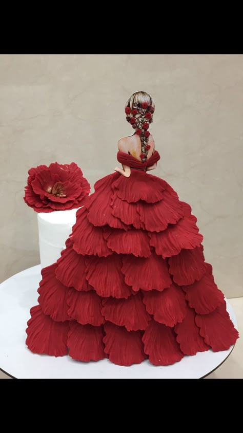 Cake Dress Design, Doll Birthday Cake Ideas, Fondant Dress Cake, Red Rose Cake Design, Doll Dress Cake, Dance Birthday Cake, Red Rose Cake Design Birthday, Bolo Red Velvet Receita, Corset Cake