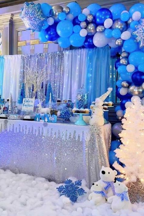 Check out this cute winter wonderland baptism! The dessert table is gorgeous! See more party ideas and share yours at CatchMyParty.com Winter Wonderland Dessert Table Ideas, Winter Wonderland Bat Mitzvah, Winter Wonderland Treat Table, Winter Wonderland Prom, Ice Party Theme, Winter Wonderland Dessert Table, Winter Wonderland Party Ideas, Winter Baptism, Birthdays Themes