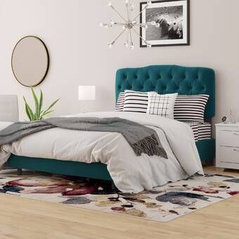 Everly Quinn Rogin Upholstered Flatform Bed & Reviews | Wayfair Teal Headboard Bedroom, Teal Headboard, Curved Headboard, Twin Bed Frame, Green Bedding, Velvet Bed, Upholstered Bed Frame, Panel Headboard, Platform Bed Frame