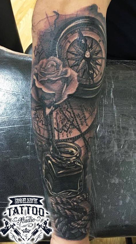 Travel Half Sleeve Tattoo, Half Sleeve Map Tattoos For Men, Scotland Map Tattoo, Mens Map Tattoo Sleeve, World Map And Compass Tattoo, Compass World Map Tattoo Design, Paisley Tattoo, Colour Tattoo For Women, Map Tattoos