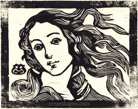 "Kalodaemon" -woodcut copy of detail of Sandro Botticelli's The Birth of Venus Woodcut Art, Lino Cuts, Linoleum Print, Woodcut Print, Classical Mythology, Birth Of Venus, White Cartoon, Lino Art, Ink Inspiration