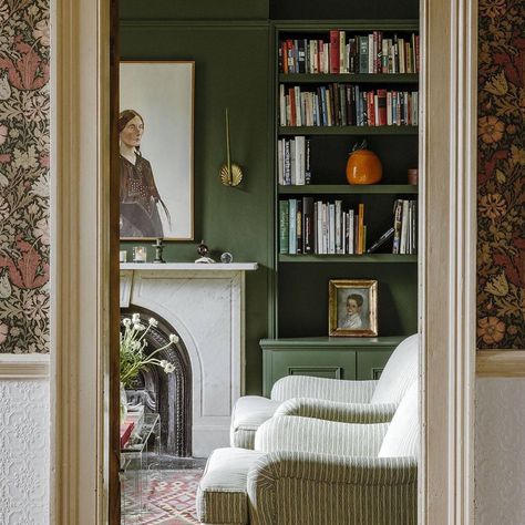 Country Apartment, Bruton Somerset, Painted Fireplace Mantels, Green Fireplace, Olive Colour, Traditional Dressers, Built In Banquette, Victorian Townhouse, Striped Chair