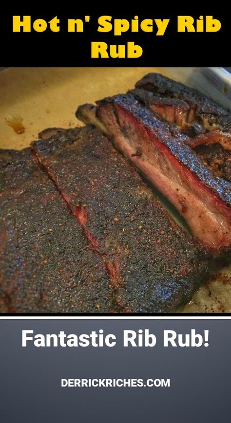 Hot n' Spicy Rib Rub - For those of you that love spicy food, this Hot n' Spicy Rib Rub will add one heck of a kick to barbecued ribs. It'll wake you up and keep you energized! This mixture is enough for 2-3 slabs of ribs. Adjust recipe accordingly to suit your tastes. via @derrickriches Spicy Smoked Ribs, Spicy Rib Rub Recipe, Spicy Bbq Rub Recipe, Thai Sauces, Spicy Ribs, Rib Rub Recipe, Barbecued Ribs, Bbq Rub Recipe, Bbq Guys