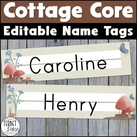 Editable Desk Name Tags Cottage Core Themed by Terbet Lane | TPT Fairytale Classroom, Mushroom Names, Forest Classroom, Desk Name Tags, Foreign Language Learning, Desk Name, Name Plates, Desk Name Plates, Themed Classroom