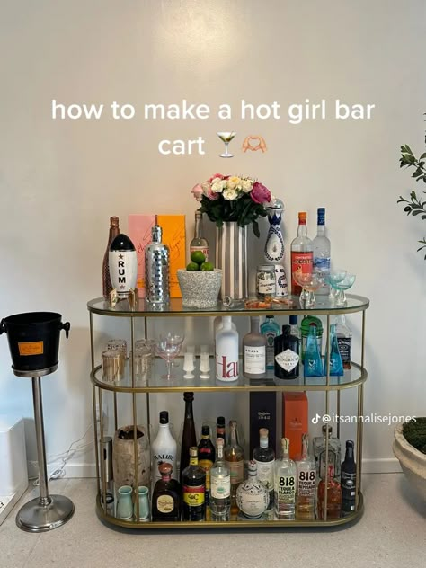 Mini Bar At Home Aesthetic, Mini Bar Bedroom, Mini Bar Aesthetic, Bar Cart Aesthetic, Aesthetic Bar Cart, Bar Cart Inspo, Uni House, Hangout Space, Home Bar Ideas