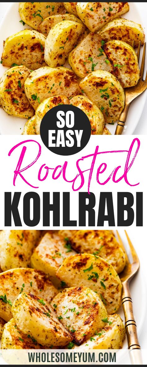 Cook my roasted kohlrabi recipe with olive oil, garlic powder, and Italian herbs for an easy side. I'll also show you how to cut it easily! How To Cook Kohlrabi, Kohlrabi Recipe, Bored Eating, Carb Swaps, Roasted Kohlrabi, Kohlrabi Slaw, Halibut Recipe, Kohlrabi Recipes, Carb Sides