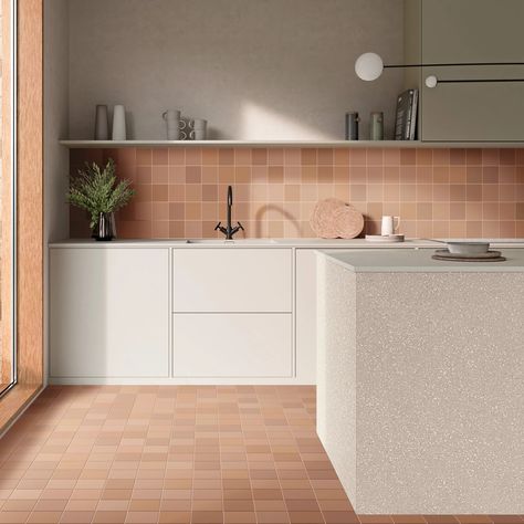 Pixel Clay Tile – Porcelain Superstore Kitchen Terracotta Tiles, Light Terracotta Floor Tiles, Terracotta Splashback, Terracotta Floor Kitchen, Terracotta Kitchen Backsplash, Jacquemus Store, Terracotta Kitchen Walls, Living Room Decor India, Terracotta Kitchen Tiles