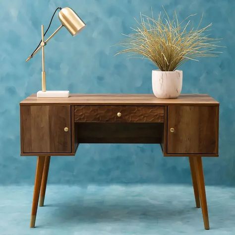 Modern Retro Office, Brown Wood Desk, Music Room Office, Bedroom 2023, Door Desk, Nice Furniture, Mid Century Modern Desk, Bedroom Lights, Mid Century Boho