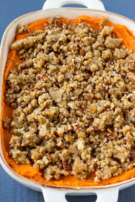 This recipe for sweet potato casserole with marshmallows is mashed spiced sweet potatoes, topped with both a pecan streusel topping and plenty of mini marshmallows. Sweet Potatoes Baked, The Best Sweet Potato Casserole, Pear And Blue Cheese Salad, Pecan Streusel Topping, Sweet Potato Casserole Healthy, Mashed Butternut Squash, Butternut Squash Casserole, Best Sweet Potato Casserole, Best Sweet Potato