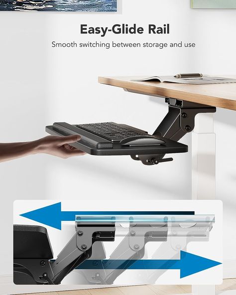 Height Adjustable Keyboard Tray - The keyboard tray with a total of 6.3 inches of height adjustment, this under desk keyboard tray will let you sit and stand at your desk and achieve better ergonomics. Full Motion Under Desk Computer Keyboard Platform - The platform can swivel left and right 180 degrees. It can also tilt 6 degrees up and 22 degrees down for improved comfort. Keyboard Tray Under Desk, Desk Keyboard Tray, Desk Keyboard, Music Keyboard, In Home Office, Keyboard Tray, Desk Computer, Under Desk, Keyboard Mouse