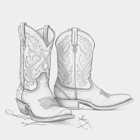 Drawing Cowboy Boots, Western Boot Tattoo, Western Boots Tattoo, Cowboy Boot Tattoo Design, Cowboy Hat And Boots Drawing, Boots Tattoo Ideas, Cowboy Boot Sketch, How To Draw Cowboy Boots, Country Music Inspired Tattoos