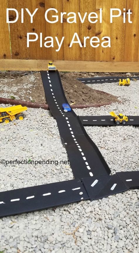 DIY Gravel Pit Play Area Outdoor Car Track For Kids, Diy Backyard Ideas For Kids, Construction Play Area, Backyard Ideas For Kids, Diy Outdoor Toys, Outdoor Kids Play Area, Gravel Pit, Diy Backyard Ideas, Construction Play