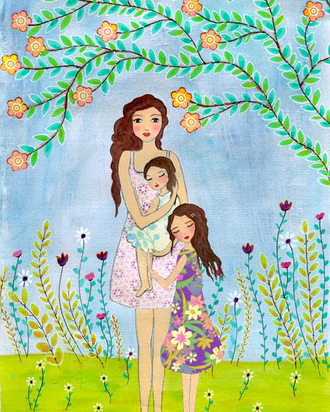 Mother Daughter Painting, Mother And Two Daughters, Mother And Child Painting, Mother Daughter Art, Child Painting, Mother Painting, Sisters Art, Mother Art, Mom Art