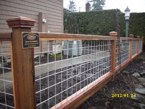 “Hog panel” fence | Deck Masters, llc - Portland, OR Hog Panel Fencing, Wire Fence Panels, Wire Deck Railing, Hog Wire Fence, Cattle Panels, Yard Fence, Front Yard Fence, Cedar Fence, Fencing Ideas