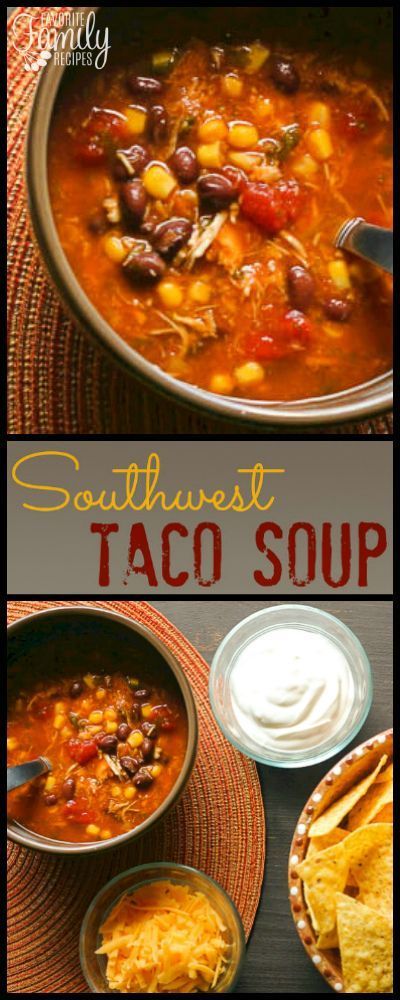 Emily's Southwest Taco Soup has so much flavor! I like to make up a big batch in the crock pot and freeze the leftovers in smaller containers. via @favfamilyrecipz Southwest Soup, Southwest Tacos, Homeschool Meals, Quick Soup, Spicy Tacos, Chicken Taco Soup, Hamburger Soup, Soup Ideas, Spanish Recipes