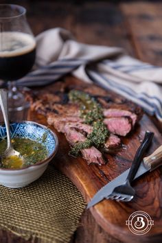 Beer Brined Pan Seared Flank Steak with Sage Chimichurri Homemade Salsa Verde, Flank Steak Recipes, Grilled Flank Steak, Homemade Salsa, Beer Recipes, Flank Steak, Pan Seared, Steak Recipes, Food Photo