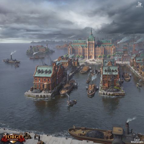 ArtStation - Industrial Harbor Old Factory Architecture, Forge Of Empires, Steampunk Ship, Steampunk City, Alice In Wonderland Artwork, Wonderland Artwork, Steampunk Tendencies, Factory Architecture, Harbor City