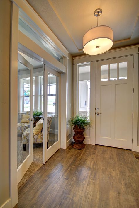 Our entry - craftsman door, office french doors with transom window above (need a cool light fixture for this entry....) French Doors For Office, Home Office French Doors, French Doors To Office, Home Office With French Doors, Modern French Doors Interior, French Doors With Sidelights, French Doors With Transom, Office French Doors, Office With French Doors