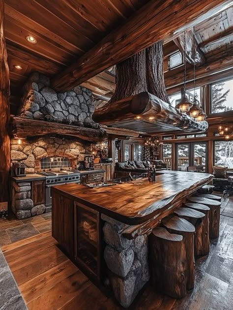 Attractive Log Cabins Luxury Log Cabin Interior, Bunk Cabin, Log Cabin Kitchens Cabinets, Rustic Log Cabin Kitchens, Log House Kitchen, Fancy Architecture, Rustic Log Cabin Interior, Log Cabin Aesthetic, Log Cabin Exterior Ideas