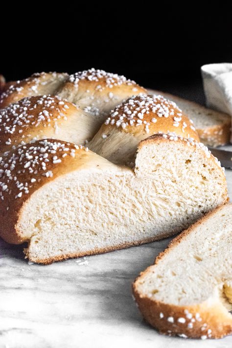 Finnish Pulla Braided Cardamom Bread - Kneaded That Pulla Bread Recipe, Cardamom Loaf, Cardamom Bread, Lemon Raspberry Muffins, Bakers Yeast, Non Dairy Butter, Double Chocolate Muffins, Pearl Sugar, Braided Bread