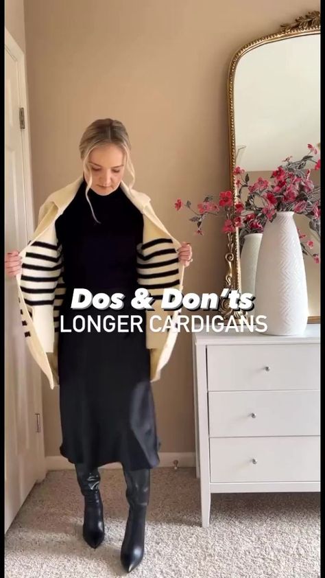 Dress Up A Cardigan, Cream Long Cardigan Outfit, Long Tan Cardigan Outfit, How To Style A Black Cardigan, How To Style A Long Cardigan, Long Sleeveless Cardigan Outfit, Black Cardigan Outfit Casual, Longline Cardigan Outfit, Ways To Style A Cardigan