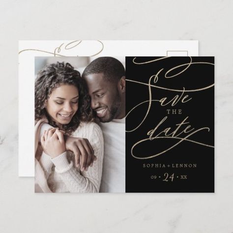 Romantic Gold And Black Photo Save The Date Invitation Postcard #zazzle #weddinginvitations #birthdayinvitations #babyshowerinvitations #zazzleinvitations #monogram #businesscards #graduation #homedecor Green Calligraphy, Wedding Invitation Message, Winter Engagement Pictures, Fancy Hands, Ship Wedding, Date Invitation, Photo Save The Date, Green Wedding Invitations, Black Photo