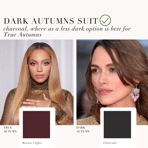 True Autumn VS Dark Autumn comparison. What are the differences between these Autumn sub-seasons?⁠ ⁠ #coloranalysis #colouranalysis #autumnpalette #trueautumn #darkautumn #coloranalyst⁠ Soft Autumn Vs True Autumn, Deep Autumn Makeup, Season Analysis, Deep Autumn Palette, Autumn Dark, Colour Season, Color Seasons, Librarian Style, True Autumn