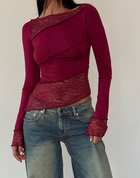 Burgundy Long Sleeve Top | Lucca – motelrocks-com-us Lace Panel Top, Look Short, Flared Sleeves Top, Burgundy Top, Lace Material, Bandeau Dress, Body Con Skirt, Boat Neckline, Lace Panelled