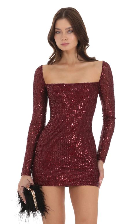 Sequin Long Sleeve Dress in Maroon | LUCY IN THE SKY Drag Dresses, Long Sleeve Sequin Dress, Slim Hips, Hip Skirt, Sequin Evening Dresses, Dress Slim, Winter Formal, Square Neck Dress, Sequin Fabric