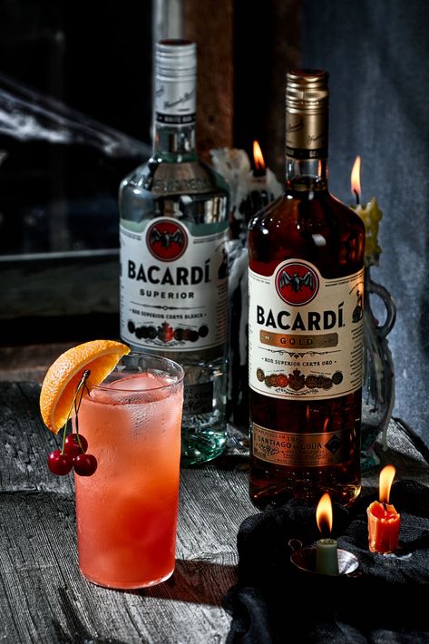 Mix up these spooky Bacardi cocktails for Halloween! BACARDÍ Zombie Ingredients: 2 parts BACARDÍ Superior Rum 1 1/3 parts BACARDÍ Black Rum 1 part Triple Sec 2 parts Sweet & Sour mix 2 parts Orange juice 1 part Grenadine Garnish: Fresh fruit Preparation: Pour all ingredients into a shaker full of ice and shake vigorously. Strain and pour into a highball glass filled with ice. Garnish with fresh fruit Get the full recipe & more on our website! Bacardi Rum Drinks, Bacardi Zombie, Bacardi Cocktails, Bacardi Black, Cocktails For Halloween, Bacardi Drinks, Bacardi Cocktail, Rum Cocktail Recipes, Bacardi Rum