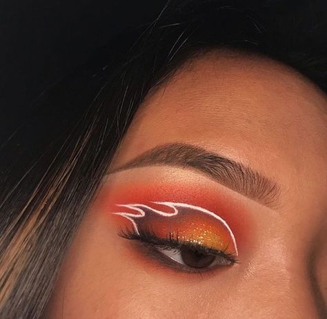 Fire Eyeliner Eye Makeup, Flame Eye Makeup Fire, Hellfire Club Makeup, Flame Princess Makeup, Red Fire Makeup, Race Car Makeup Look, Flame Graphic Liner, Fire Graphic Liner, Fire Makeup Ideas