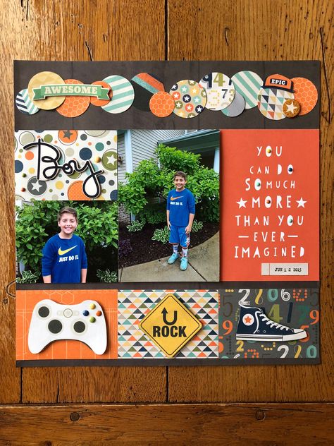 12 x12scrapbook layout #soradcollection #simplestories Simple Stories Scrapbooking, Baby Boy Scrapbook Layouts, Awesome Boy, School Scrapbook Layouts, Boy Scrapbook Layouts, Scrapbook Generation, Scrapbook Patterns, Scrapbooking Layouts Baby, Scrapbook Boys