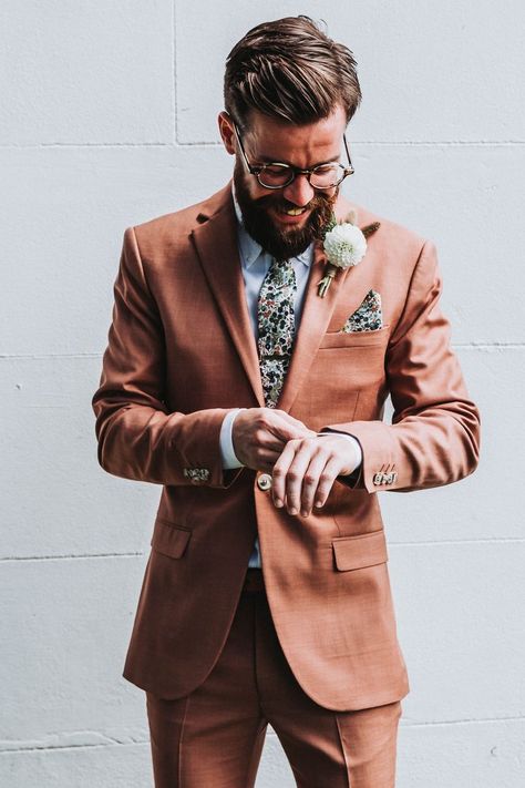 Groom In Orange Coral Wedding Suit Quirky Groom Suit, Boho Wedding Suit Grooms Summer, Coloured Wedding Suit, Orange Suit Men Wedding, Garden Wedding Groom Attire, Garden Wedding Suit, Spring Wedding Suit, Wedding Suit Summer, Trendy Wedding Outfits